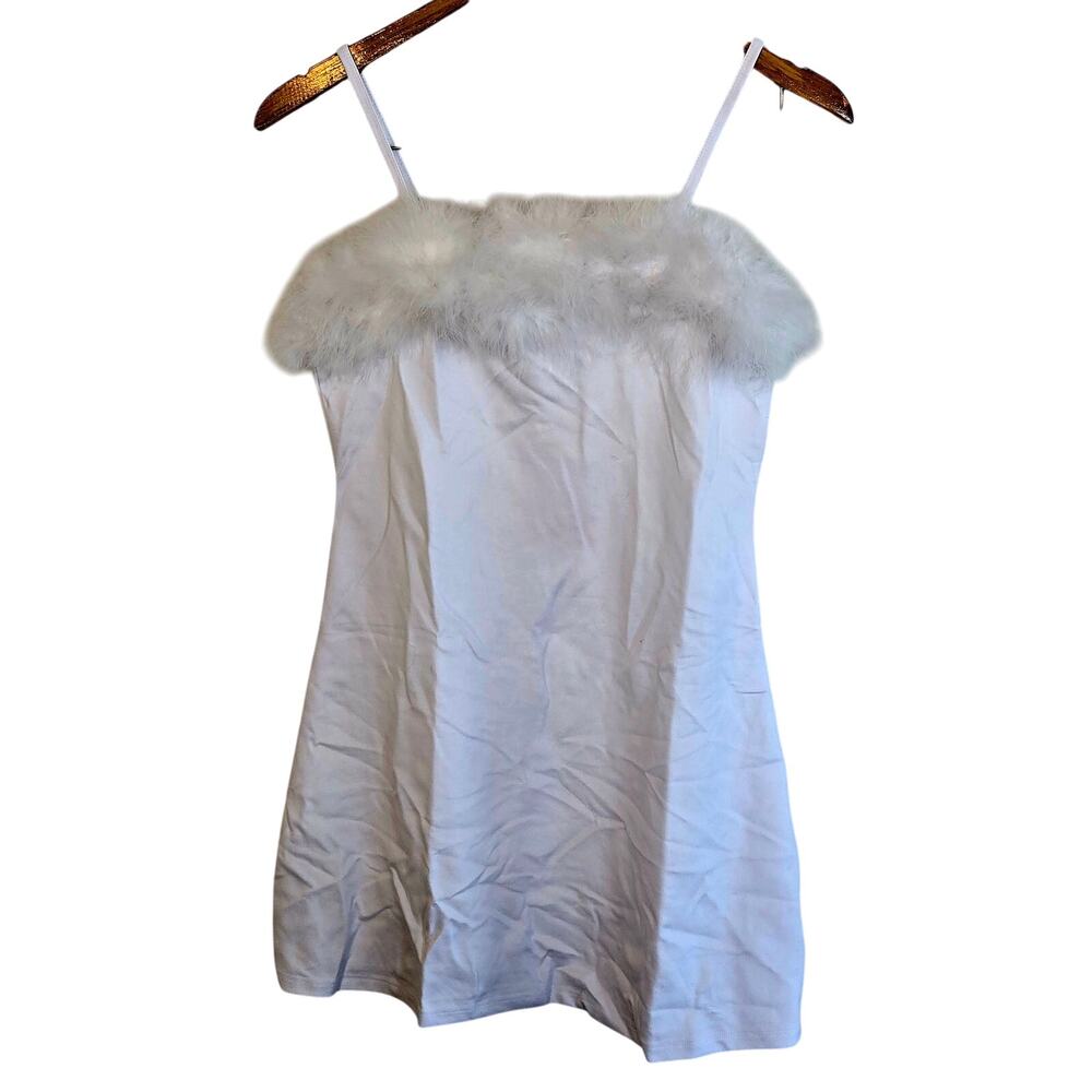Size L – Sugar Thrills White Marabou Trim Strappy Mini Dress (NWT)